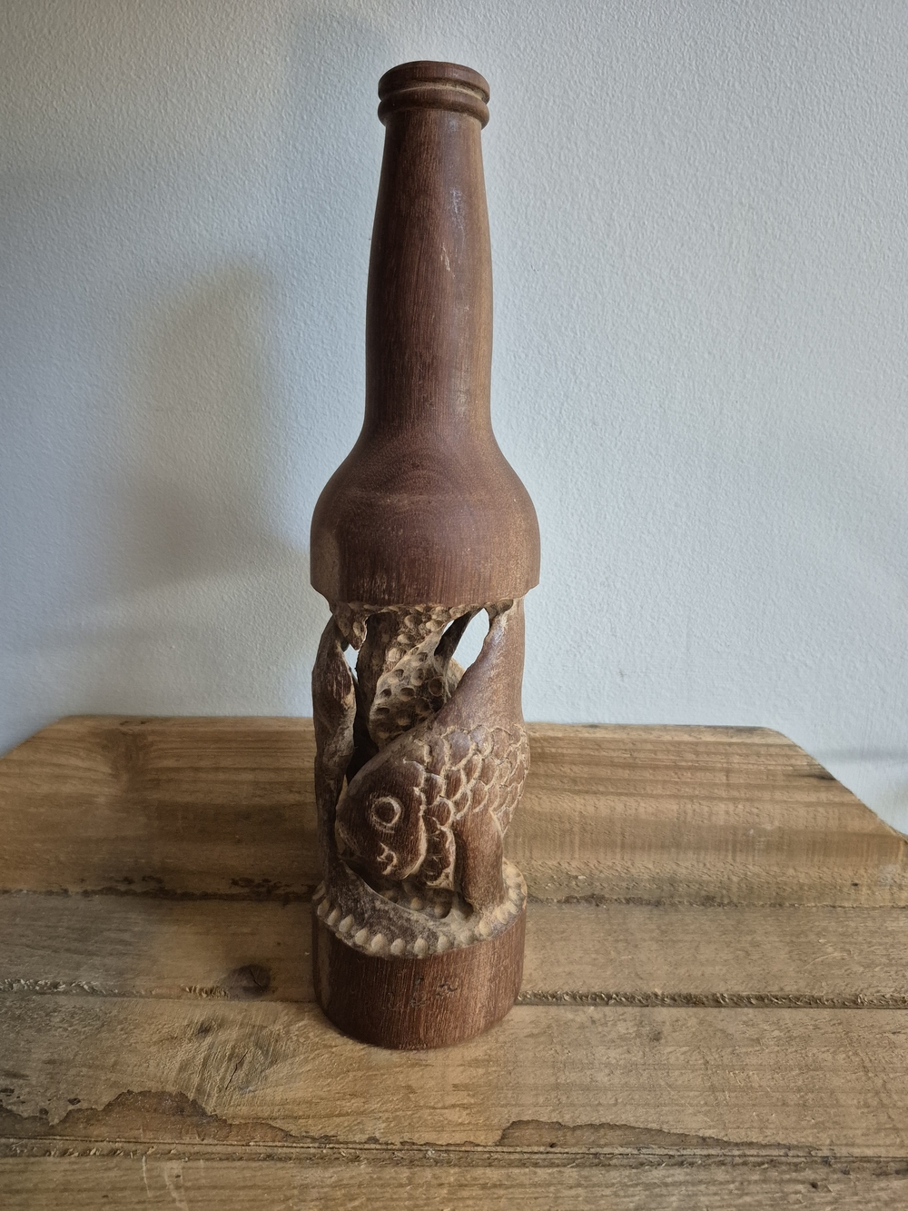Vintage Hand Carved Wood Bottle Sculpture – Fish Folk Art Openwork Decor